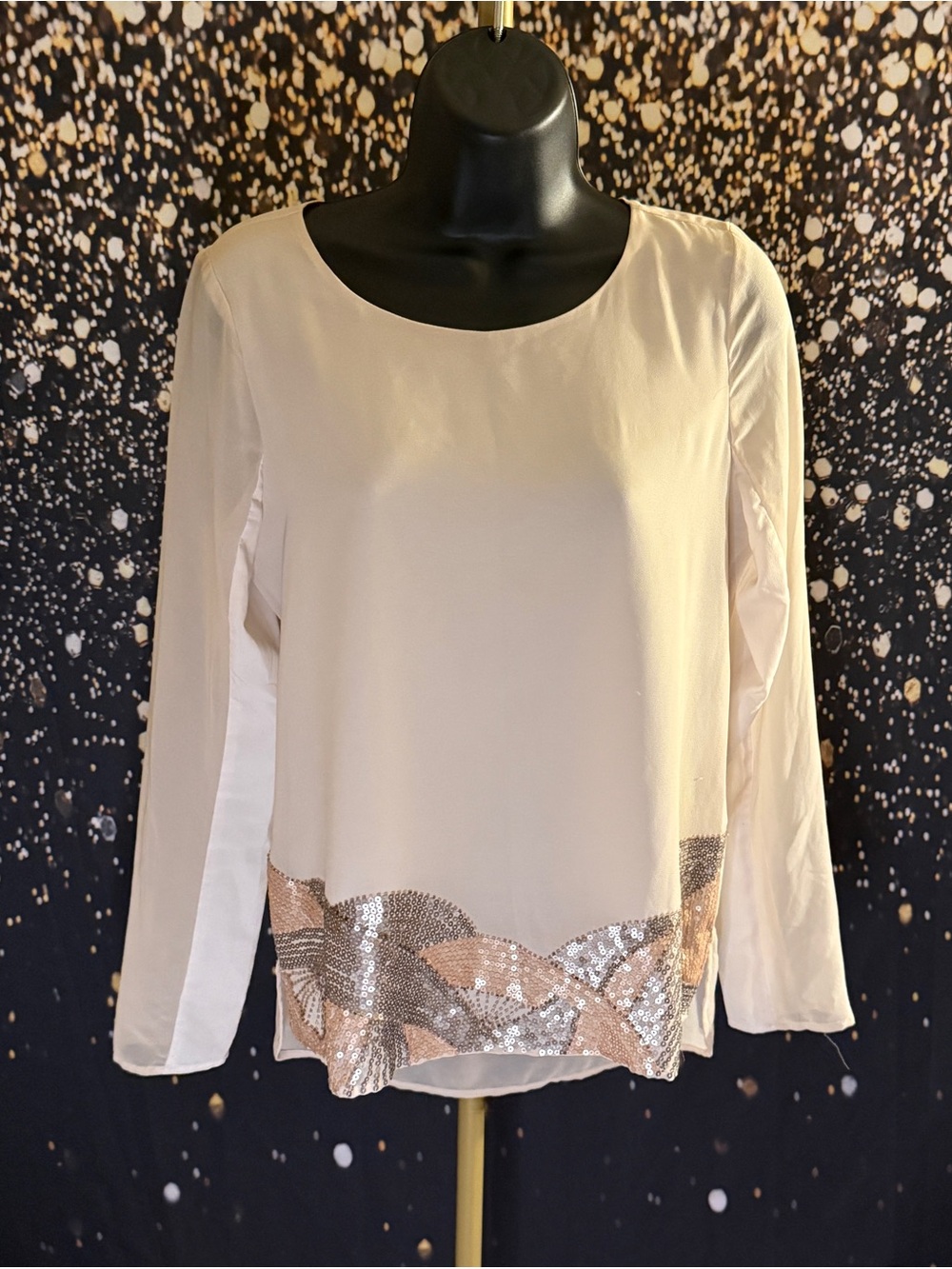 MM Couture Cream Long Sleeve Sequin Hem Blouse